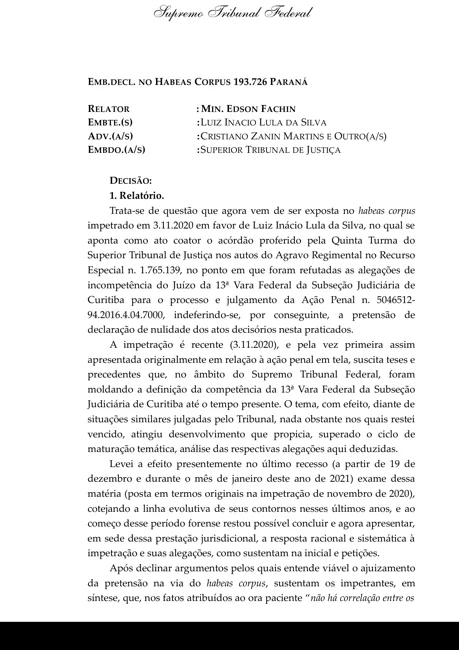 Página 1 do documento: HC 193726: decisão de 8 de março de 2021